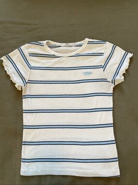 Obey White Tee with Navy & Light Blue Stripes and Ruffle Sleeves